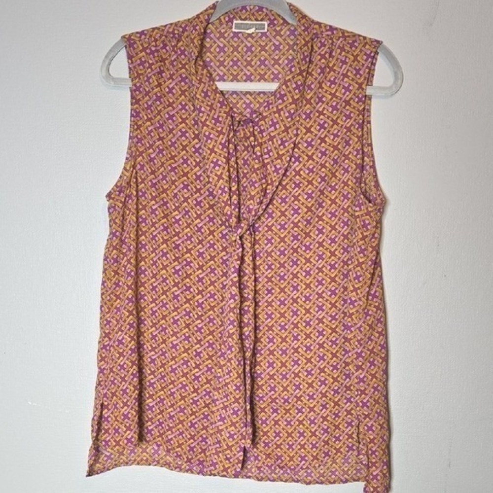Pleione Sleeveless Tie Neck‎ Blouse, Orange/Pink Geometric Pattern, Large